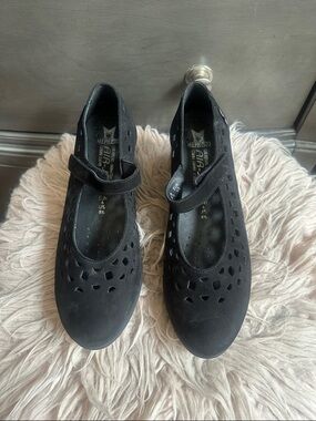 Mephisto Black Nubuck Perforated Mary Jane Strap Shoes